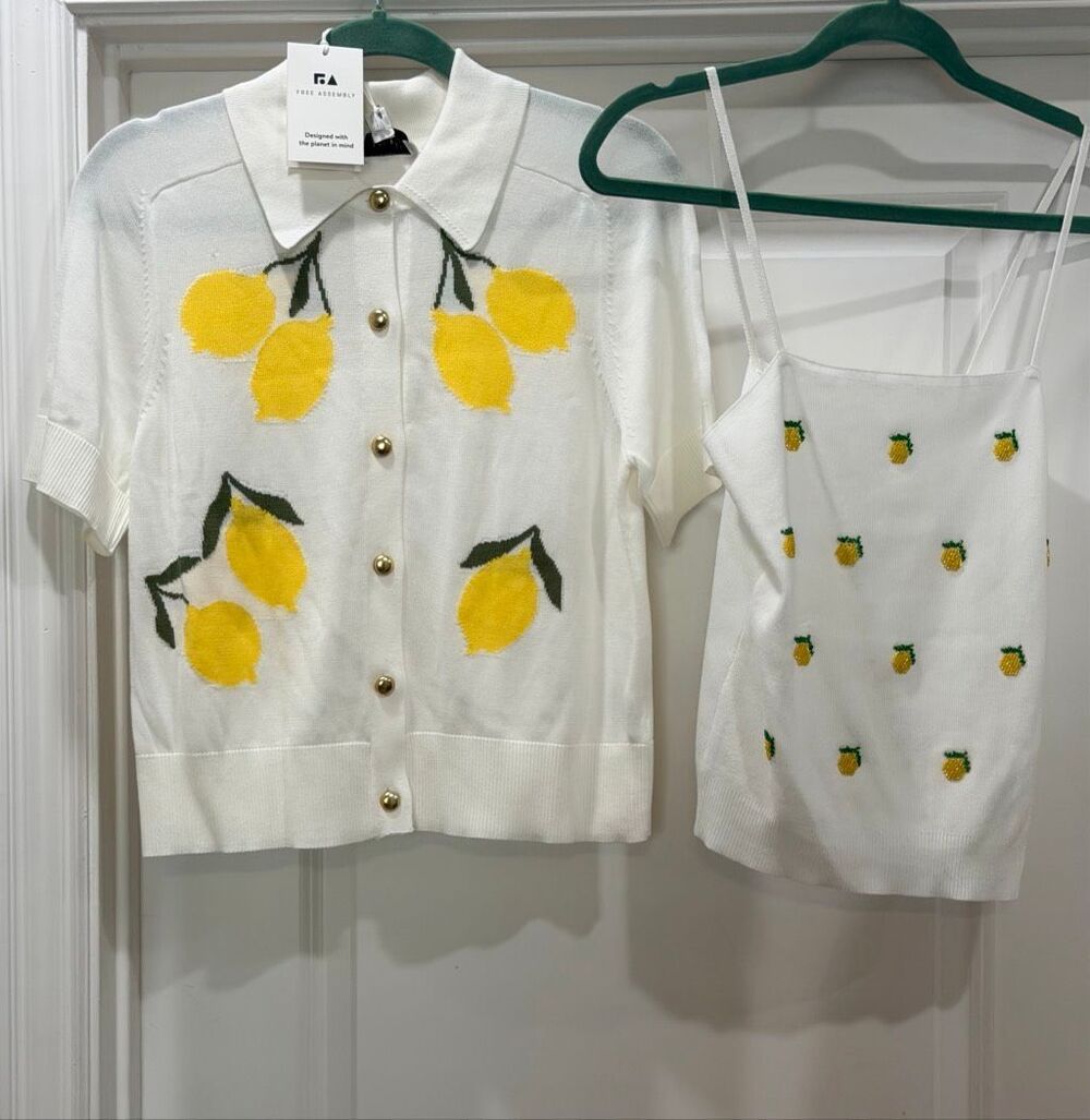 Free Assembly Lemon White Cardigan Size M & Cami Size S Set Knit Sweater Set NWT